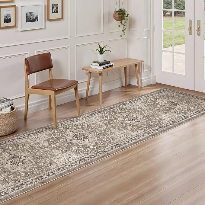 Vintage Hallway Runner Rug 2x8: Large Soft Washable Entryway for Kitchen Laundry Room Non-Slip Backing Runner for Entrance Living Room Bedroom Bathroom - Brown