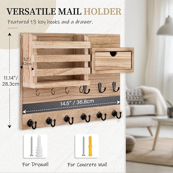 Nekon Key Holder Wall Mount, Rustic Mail and Keys Shelf for Wall Organization with 13 Hooks, Home Decor Accessory with Drawer, Wood