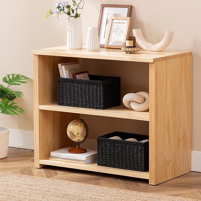 joybest Black Wicker Baskets, 13.4L x 8.3W x 7.1H inch Woven Paper Rope Storage Baskets for Organizing, Foldable Rectangular Bin with Handles for Pantry, 2-pack