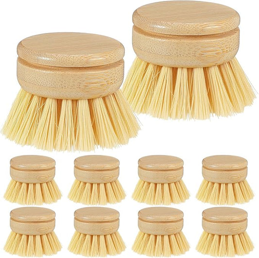 10 Pcs Bamboo Dish Brush Replacement Heads, Bamboo Dish Scrubber Soft Sisal Bristle Scrubber for Kitchen Room Cleaning Supplies