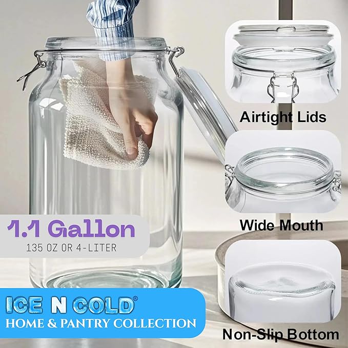 Airtight Glass Storage Jars with Clamp Lid – Food Storage Containers with Rubber Gasket Seal – Pantry & Kitchen Canisters for Dry Goods, Coffee, Sugar, Pasta – 0.4L to 4L Sizes (1, 135oz | 4L)