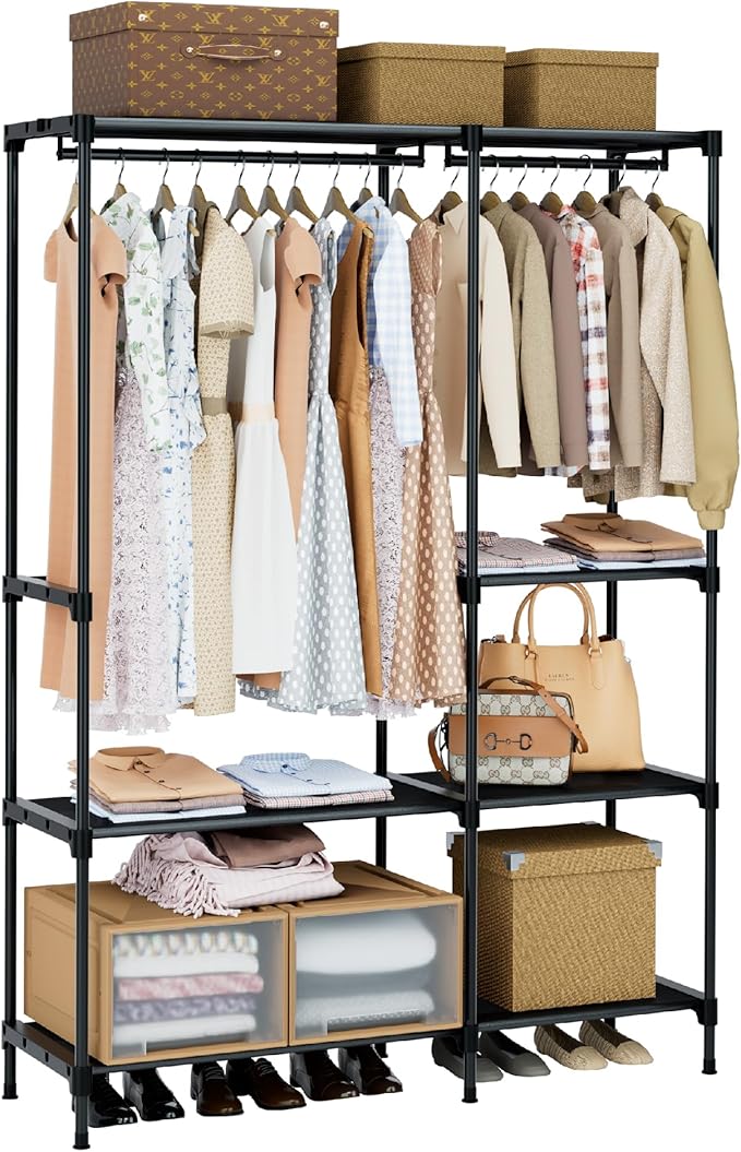 Clothes Rack, Portable Closet, 44.9 Inch Large Capacity Wardrobe Closet, Clothes Storage Organizer with Shelves and 2 Hanging Rods, Easy to Assembly, Black PCT021B01