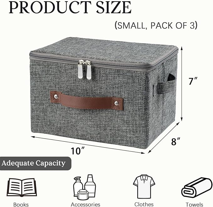3 Pack Storage Bins with Zipper Lid Fabric Lidded Storage Boxes Baskets Cubes Washable Collapsible PU Leather Handle Cotton Linen Fabric Shelf Closet Organizer Container(Gray, Small Size)
