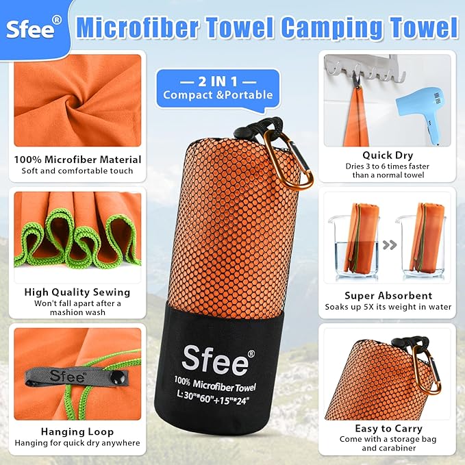 2 Pack Microfiber Travel Towel, Quick Dry Camping Towel Large Beach Towel Super Absorbent Compact Lightweight Sports Gym Towels for Beach, Gym, Hiking, Pool, Backpacking, Bath, Yoga