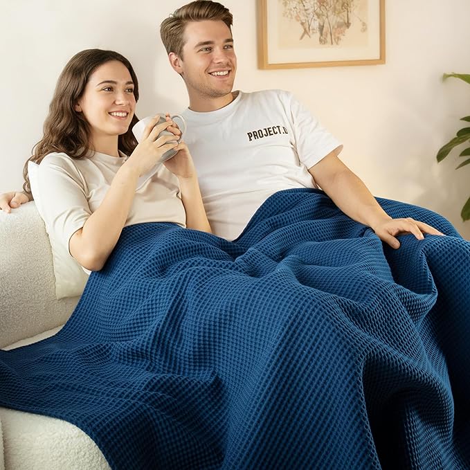 Exclusivo Mezcla 100% Cotton Waffle Weave Blanket Twin Size, Soft, Lightweight and Breathable Muslin Gauze Blanket for Dorm, Home Decor, All Season, 60"x80", Navy Blue