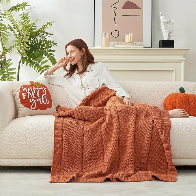 Chenille Knit Throw Blanket 50x60 - Burnt Orange Cozy Blanket for Couch & Sofa
