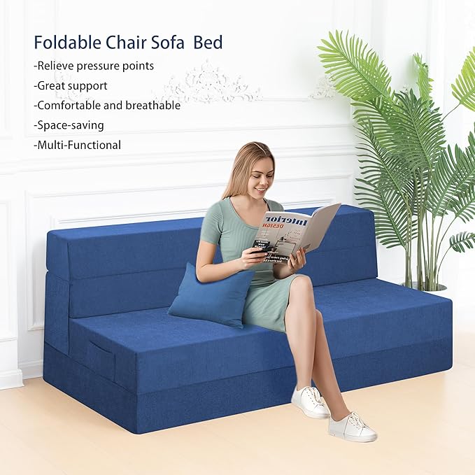 Folding Sofa Bed Chair with Pillow,Convertible Fold Out Chair Bed Sleeper,Foam Floor Mattress, Foldable Futon Couch Bed for Living Room/Dorm/Guest/Office (Blue, Queen)