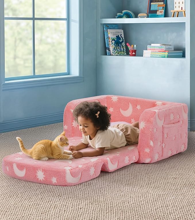 Kids Couch, 2-in-1 Soft Toddler Couch Fold Out with Blanket and Cloud Pillow, Glow in The Dark, Convertible Sofa, Gifts for Kids Girl Boys, Medium Pink Moon