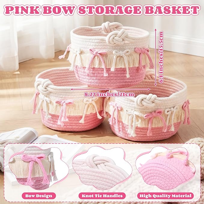 Novabright 3 Pcs Pink Bow Baskets Gifts Coquette Bow Cotton Rope Storage Baskets Round Shelf Organizer Laundry Hamper Storage Bin for Closet Bedroom Nursery Home Decor Baby Shower, 8.27'' x 6.1''