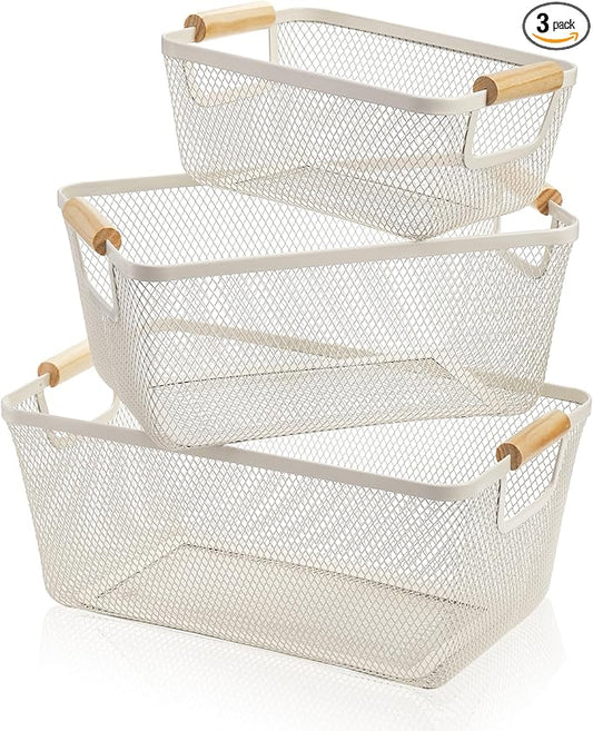 3 Pack Metal Mesh Baskets with Wood Handle, Iron Storage Organizer Basket, Cream White Wire Countertop Baskets for Organizing, Cabinet Pantry Closet Bedroom Kitchen(3 Size)