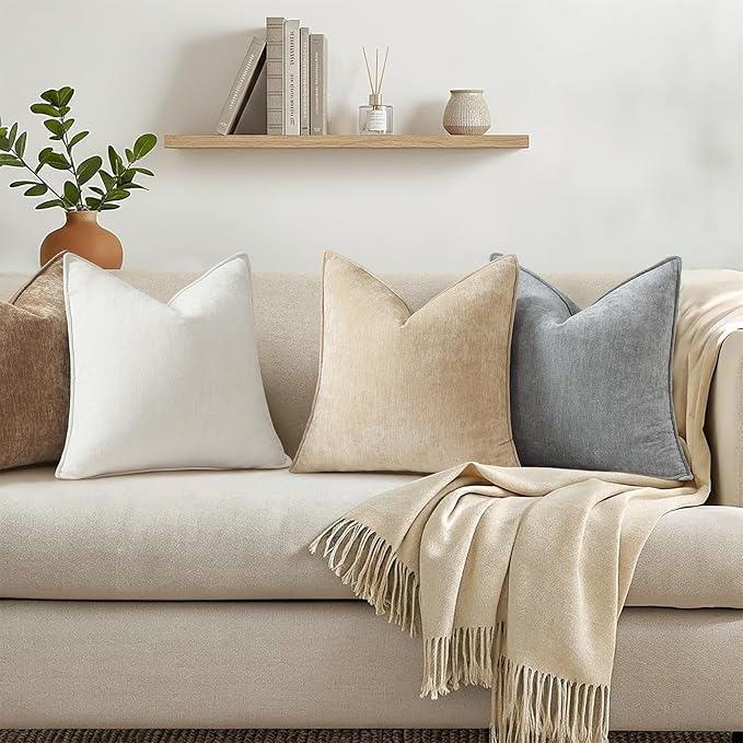 decorUhome Spring Couch Throw Pillow Covers 12x20 Set of 2, Decorative Soft Velvet Modern Cozy Chenille Lumbar Pillow Cases with Elegant Design for Sofa Bed Living Room Home Decor, Beige