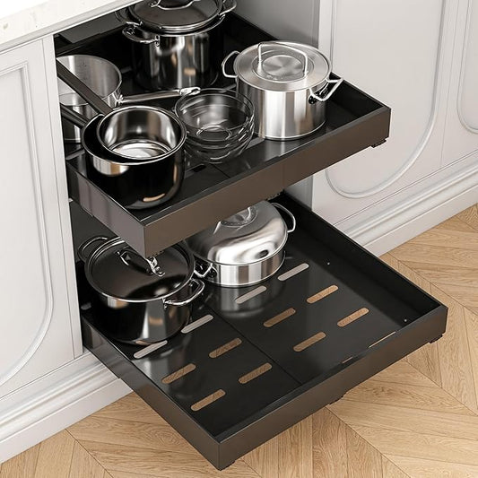 2 Pack Expandable Pull Out Cabinet Organizer, 16" Deep Expandable (12.6" - 20.5") 3 Heavy Duty Slide Drawers Pull Out Drawers for Kitchen Storage Cabinet (Black)