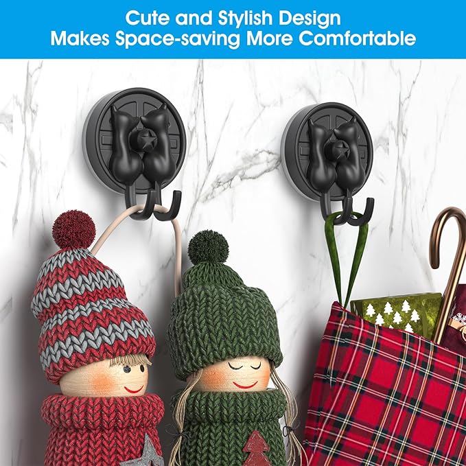 AST Cute Double-Cat Suction Cup Hook, 4 Pack, Heavy Duty Hooks, Upgraded Reliable Force of Both Adhesion and Vacuum, Wall Holders for Loofah, Towel, Coat and Bath Robe, Waterproof Hanger, Matte Black
