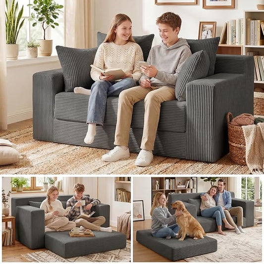 Convertible Sofa Bed, 5 In 1 Small Boneless Couch Pull Out Loveseat Sleeper Sofa,Corduroy Futon Couch Folding Mattress with 4 Pillows for Living Room Bedroom Lounge (No Assembly) (Gray, 58Inch)