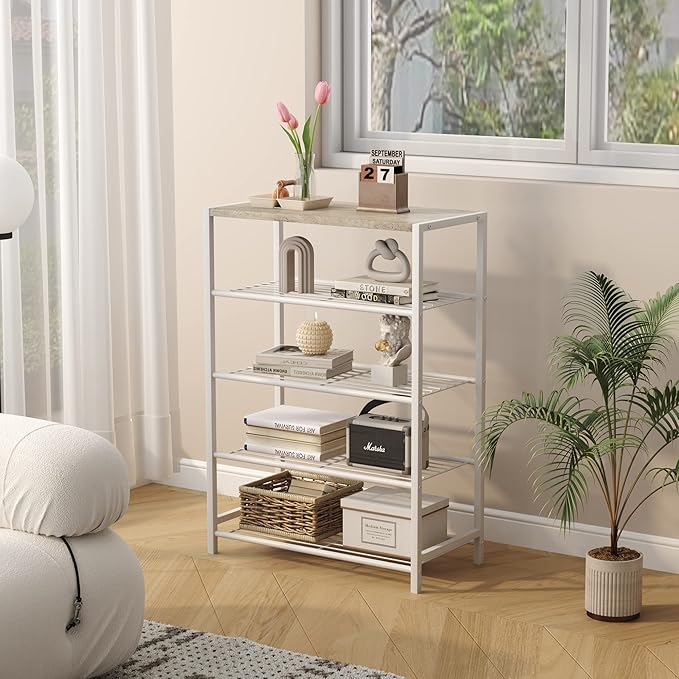 HOMEFORT 5-Tier Shoe Rack, Storage Shelf, Industrial Tower, Narrow Organizer for Closet Entryway, Small Table With Durable Metal Shelves, White Oak