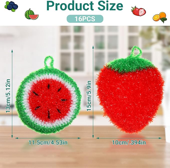 16 Pcs Dish Scrubber Non Scratch Dish Washing Scrubbers Reusable Household Cleaning Kitchen Tools for Dishwashing Washing Dishes Cookware Tubs Sinks(Fruit)