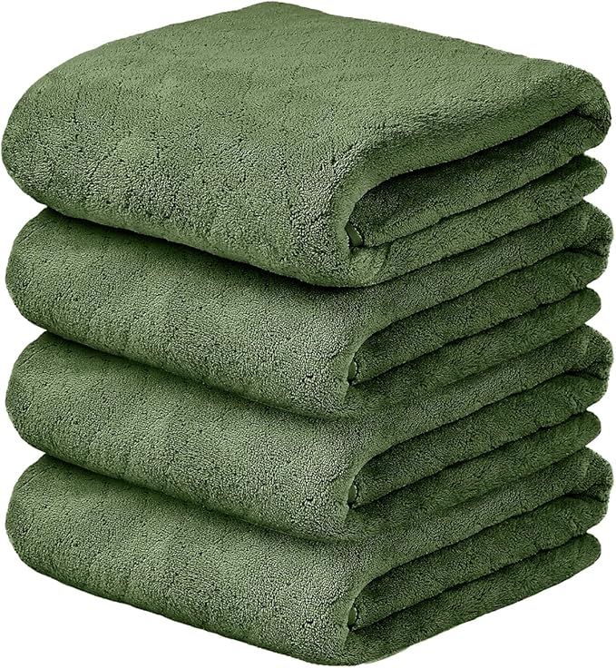 Pack of 4 Bath Towels, 30"x60", Large Microfiber Towel Set, Ultra Soft, Super Absorbent, Fast Drying, Perfect for Sauna, Shower, Pool, Sport, Travel, Fitness, SPA,Yoga, Coral Fleece-Olive-Green