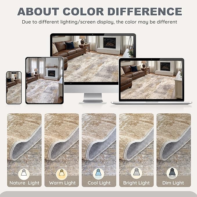 Area Rug Living Room Rugs - 7x9 Washable Large Soft Indoor Neutral Modern Abstract Low Pile Rug Carpet for Bedroom Dining Room Farmhouse Home Office - Brown Grey