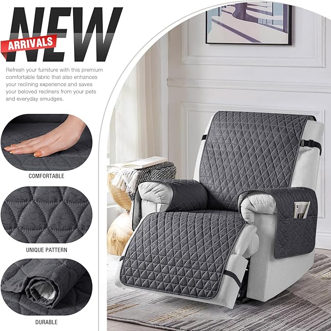 TAOCOCO 100% Waterproof Recliner Cover - Recliner Cover with Non-Slip Granule, Recliner Chair Covers with Elastic Band, Recliner Chair Covers for Reclining Chair(Black Grey,Medium-25'')
