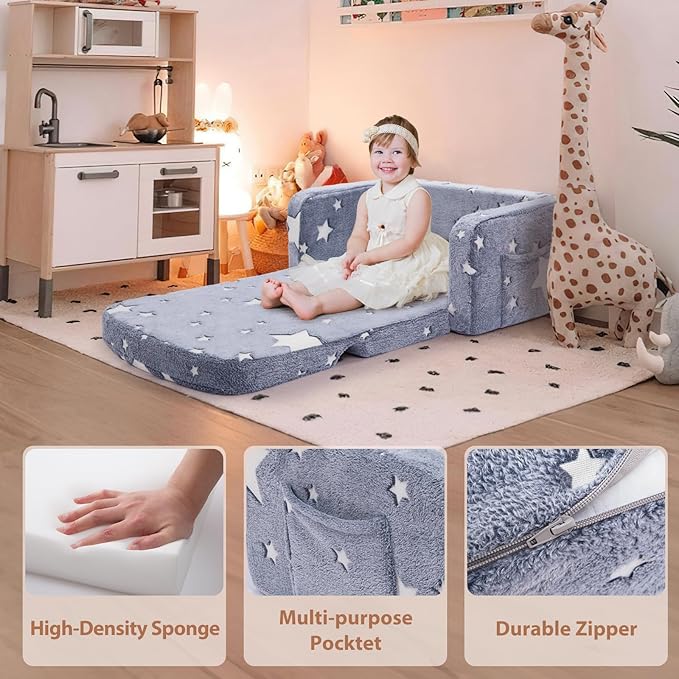 Extra Wide Kids Couch, 2-in-1 Soft Couch with Blanket, Glow in The Dark, Comfy Chair with Cloud Pillow, Convertible Sofa, Star