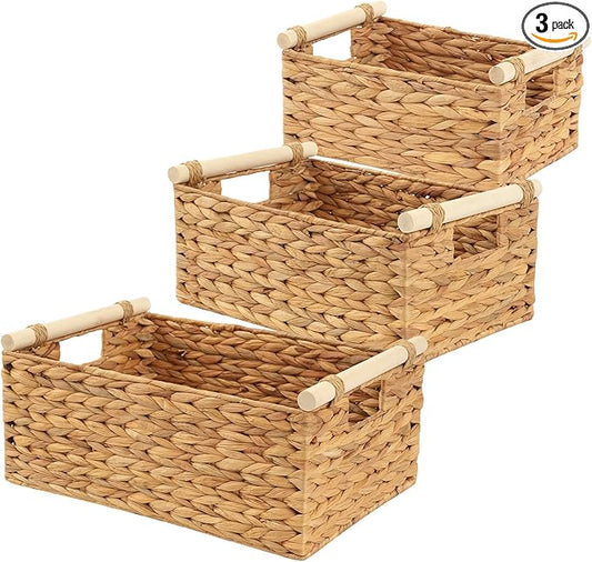 3-Pack Woven Storage Baskets Set, Small Medium Large Wicker Baskets for Shelves Organization, Rectangular Natural Weave Baskets for Kitchen, Bathroom, Living Room Decor, Home Storage Solutions