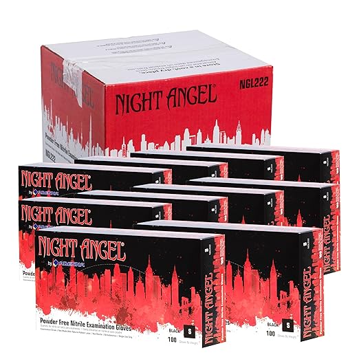 Adenna Night Angel Disposable Nitrile Gloves – 4 Mil, Powder Free Rubber Glove for Tattoo & Medical Use, Latex-Free, Tactile Sensitivity with Textured Grip, Case of 1000, Small, Black