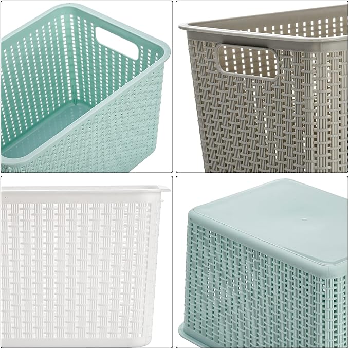 WUWEOT 9 Pack Plastic Storage Basket Bins Organizer, Cabinet and Shelf Basket with Handle,10" L x 6.8" W x 5.5" H, 3 Colors
