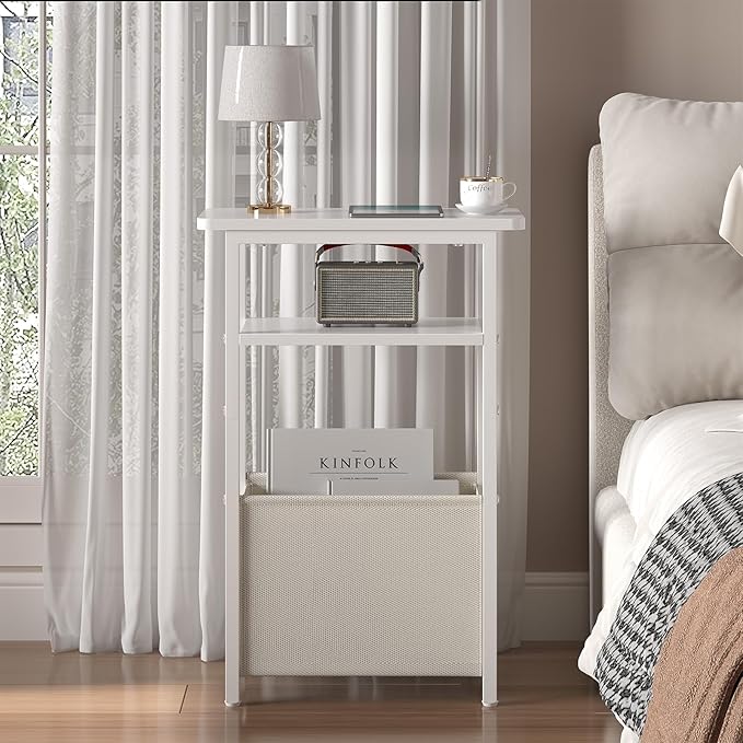 Narrow Side Table, Skinny End Tables with Fabric Basket, Small Side Tables for Small Space, 2-Tier Open Shelves with Basket, Slim Nightstands for Bedroom,Living Room,Office, White