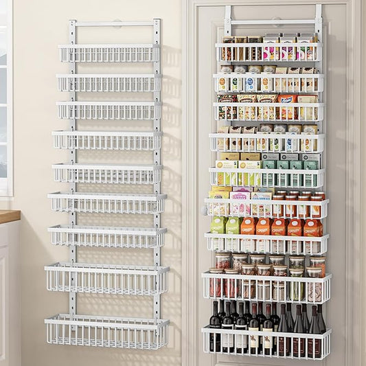 9 Tier Over The Door Pantry Organizer, 2 in 1 Wall Mount or Hanging Spice Rack with Adjustable Basket, Seasoning Organizer and Storage for Kitchen Cabinet Closet Bathroom