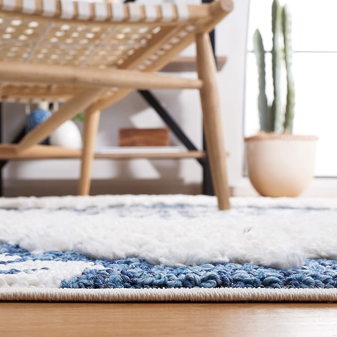 SAFAVIEH Moroccan Tassel Shag Collection Area Rug - 5'3" x 7'6", Blue & Ivory, Boho Design, Non-Shedding & Easy Care, 2-inch Thick Ideal for High Traffic Areas in Living Room, Bedroom (MTS652M)