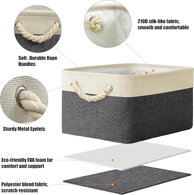 Simple Houseware Large Fabric Storage Bin, 15.7" x 12" with Braided Handles, 3 Pack, Dark Gray