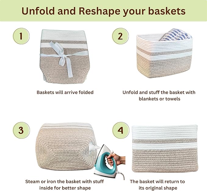 Cotton Rope Baskets for Organizing and Storage, Woven Decorative Baskets for Shelves, Books, Closets. Storage Bins for Living Room, Bedroom | Pack of 3 | Beige