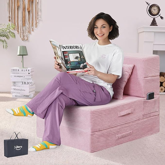 Folding Sofa Bed, 4 in 1 Convertible Sleeper Chair with Pillow, Single Memory Foam Fold Out Chair Bed, Modern Floor Futon Sofa Couch Mattress for Living Room/Guest/Apartment, Pink