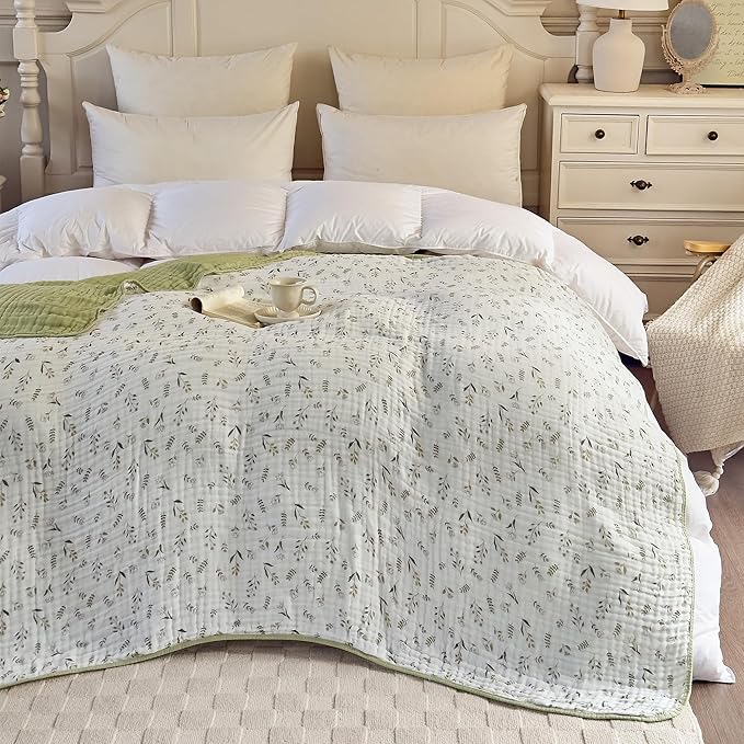 Muslin Blankets 100% Cotton 6-Layer Gauze Floral Pattern Throw Blanket Lightweight Soft and Breathable Queen Bed Blanket for Sofa Couch Bed Coverlet Both Sides (Leaves Green, Queen 90" X 90")