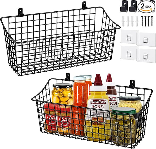 Large Wall Hanging Baskets - 2 Set Rustproof Rubber Coating Wall Shelving Organizers - Metal Wire Basket Storage No Drill Adhesive Wall Mount for Shower Kitchen Laundry Pantry Cabinet RV (Black)