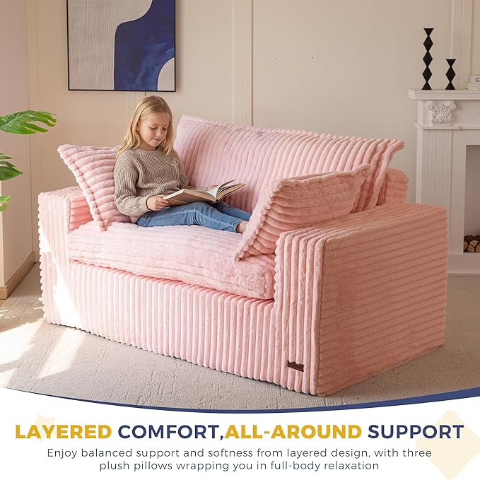 MAXYOYO 59" Bean Bag Sofa Couch, Loveseat Boneless Couch in a Box, Upholstered Small Mini Sofa with Deep Seating for Living Room Bedroom Office Apartment, No Assembly, Pink
