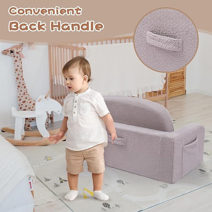 Extra Wide Kids Couch, 2-in-1 Soft Toddler Couch with Blanket, Comfy Toddler Chair, Convertible Sofa with Cute Rainbow Design, Grey
