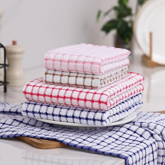 Homaxy Kitchen Towels and Dishcloths Set, 16 x 25 and 12 x 12 Inches, Set of 8 Cotton Terry Kitchen Dish Towels, Super Soft and Absorbent Dish Cloths, Blue/Pink/Red/Brown