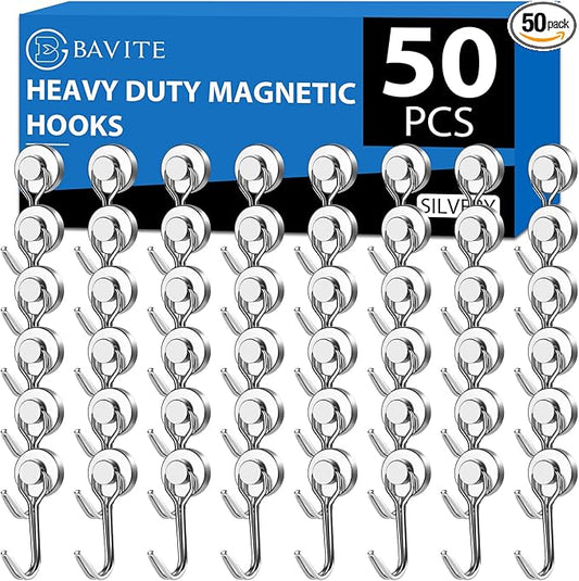 E BAVITE Swivel Swing Silver Magnetic Hooks,30LBS Powerful Strong Neodymium Rare Earth Magnet Hook. Perfect for Refrigerator, Kitchen and Other Surfaces, Pack of 50