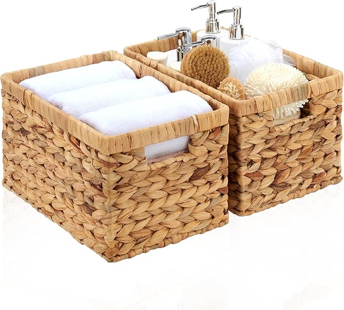 Wicker Storage Basket 2 Pack, Water Hyacinth Storage Baskets with Built-in Handles, Large Wicker Baskets for Storage & Organizing, Natural