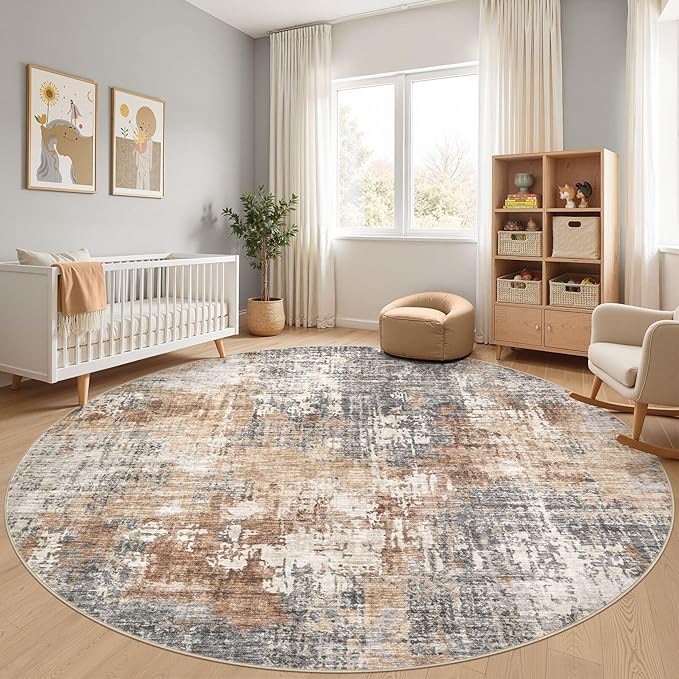 10ft Round Area Rug Living Room Rugs - 10x10 Washable Circle Rug Large Soft Indoor Neutral Modern Abstract Low Pile Carpet for Bedroom Dining Room Farmhouse Home Office - Grey Brown