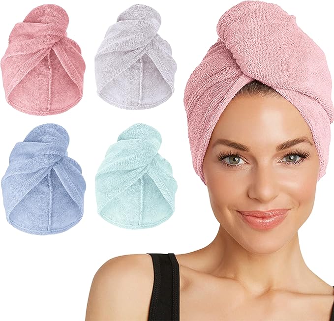 Turbie Twist 4-Pack Microfiber Hair Towel for Beauty, Travel, Gifting - Hair Wrap Turban for Straight, Wavy & Curly Hair - Premium Personal Care - Pink, Purple, Blue & Aqua
