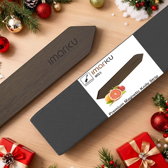 imarku Magnetic Knife Holder for Wall - 16 Inch Acacia Wood Magnetic Knife Strip with Powerful Magnet, Knife Magnetic Strip for Kitchen Utensil Organizer with 4 Hooks, Dark Gray