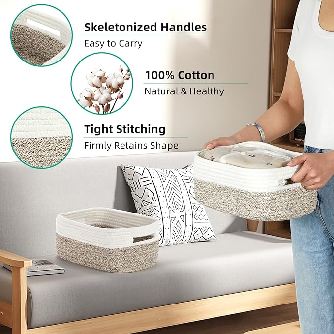 Bidtakay Small Cotton Rope Storage Baskets for Organizing 3 Pack Woven Baskets for Storage Closet Organizer Bins for Shleves 11.8×7.8×5 inch Cute Boho Decorative Basket with Handles - White&Tan
