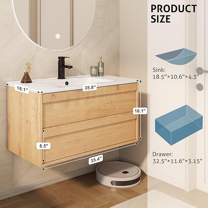 eclife 36" Floating Bathroom Vanity Sink Combo, Wall Mounted Modern Minimalist Storage Cabinet with 2 Drawers, Include Sink, Faucet & Drain, Natural