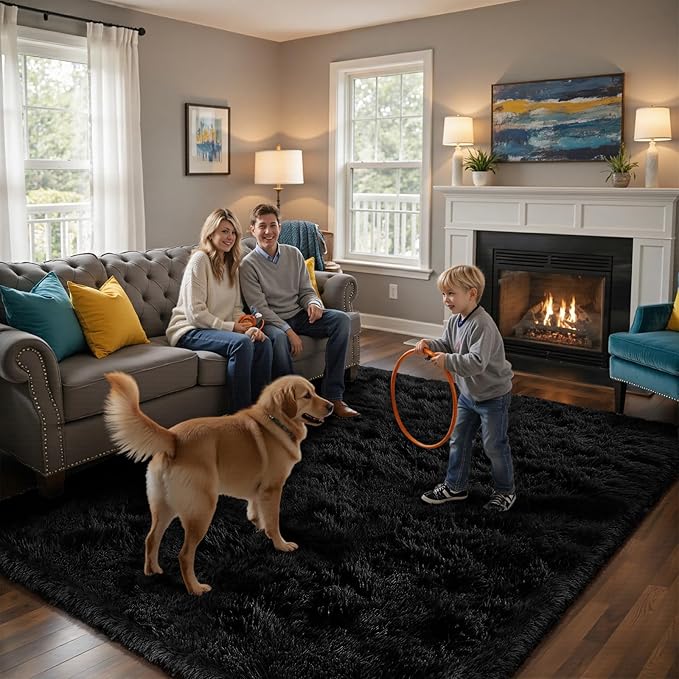 Fluffy Rug Shaggy Area Rug, Black 5x8 Area Rugs for Bedroom, Small Bedside Rug, Soft Fluffy Shaggy Entryway Throw Rugs for Living Room Bedroom Kids Room Home Decor