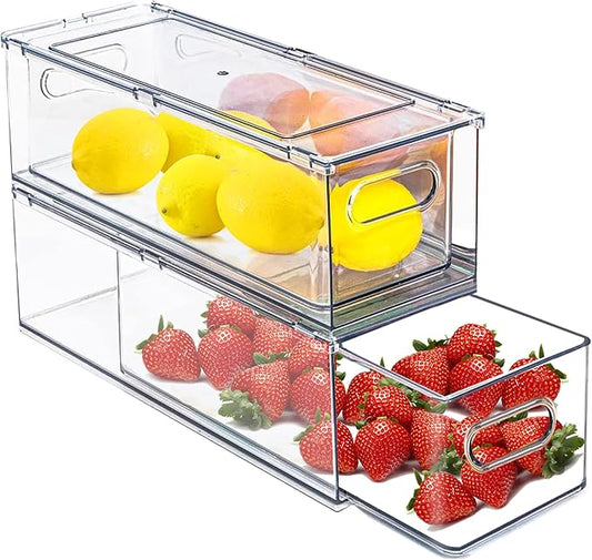 bealy 2 Pack Fridge Organizers and Storage with Pull out Drawer, Stackable Storage Drawer, Clear Refrigerator Organizers, BPA-Free for Kitchen Cabinet Pantry, 3.14QT