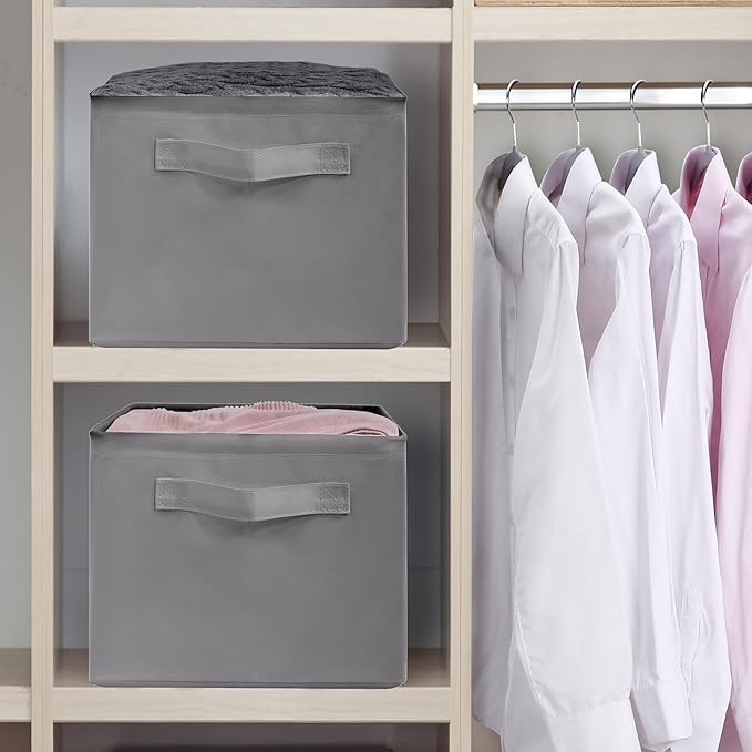 Storage Basket Bins with Metal Frame, Large Collapsible Fabric Storage Baskets for Organizing Shelf, Basket Organizer W/Handles for Blankets, Towels, Laundry, Shelves, 8-Pack, Grey