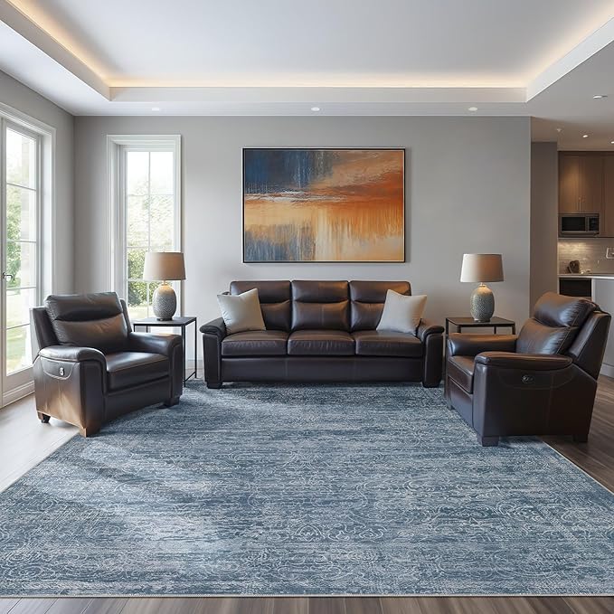 Area Rug Living Room Rugs - 9x12 Abstract Large Soft Indoor Washable Rug Neutral Modern Low Pile Carpet for Bedroom Dining Room Farmhouse Home Office - Dark Blue