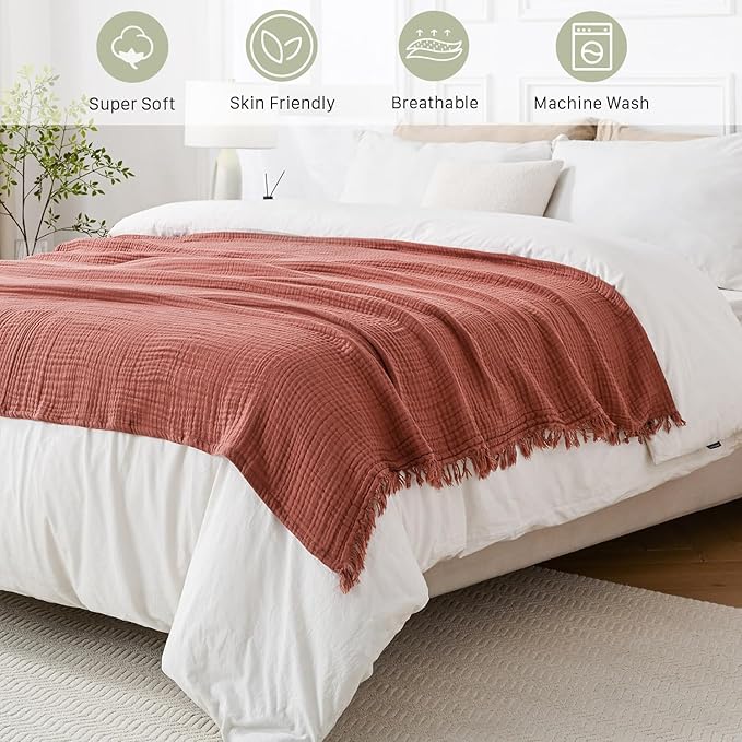 Muslin Blanket 100% Cotton Blanket Throw 50”x65”, Lightweight Breathable Summer Blanket Throw. Supersoft 4-Layer Gauze Throw Blanket for Sofa, Couch, Bed, All-Season Use, Copper Brown